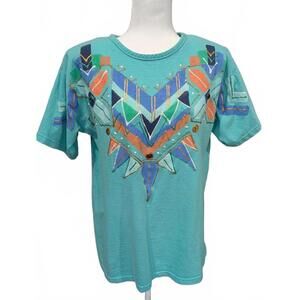 Vintage 80s 90s Women's Shoulder Padded Teal Abstract Puff Paint T-Shirt